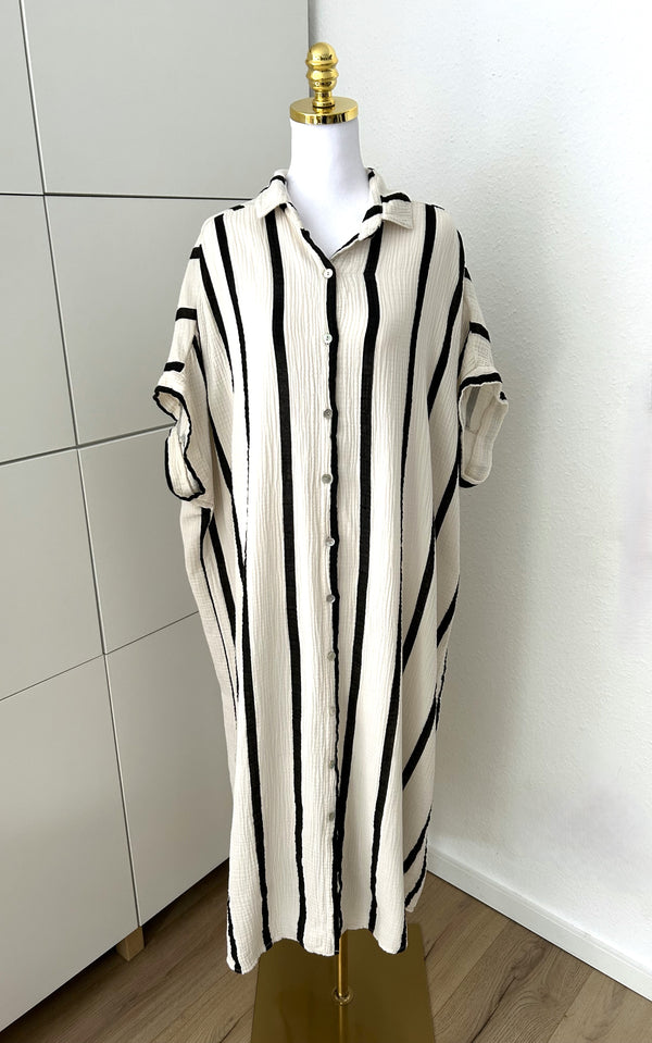 Musselin Maxikleid Kurzarm Streifen Beige/Schwarz