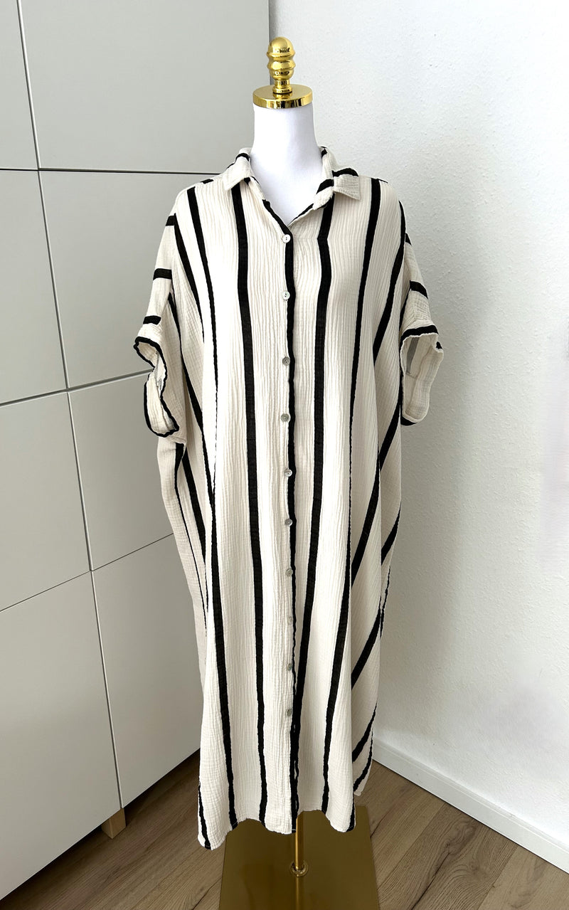 Musselin Maxikleid Kurzarm Streifen Beige/Schwarz