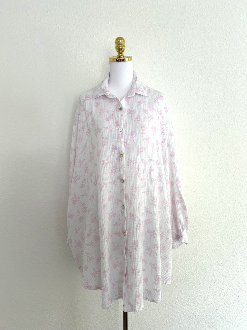Musselin Bluse Flower Long Weiß/Rosa
