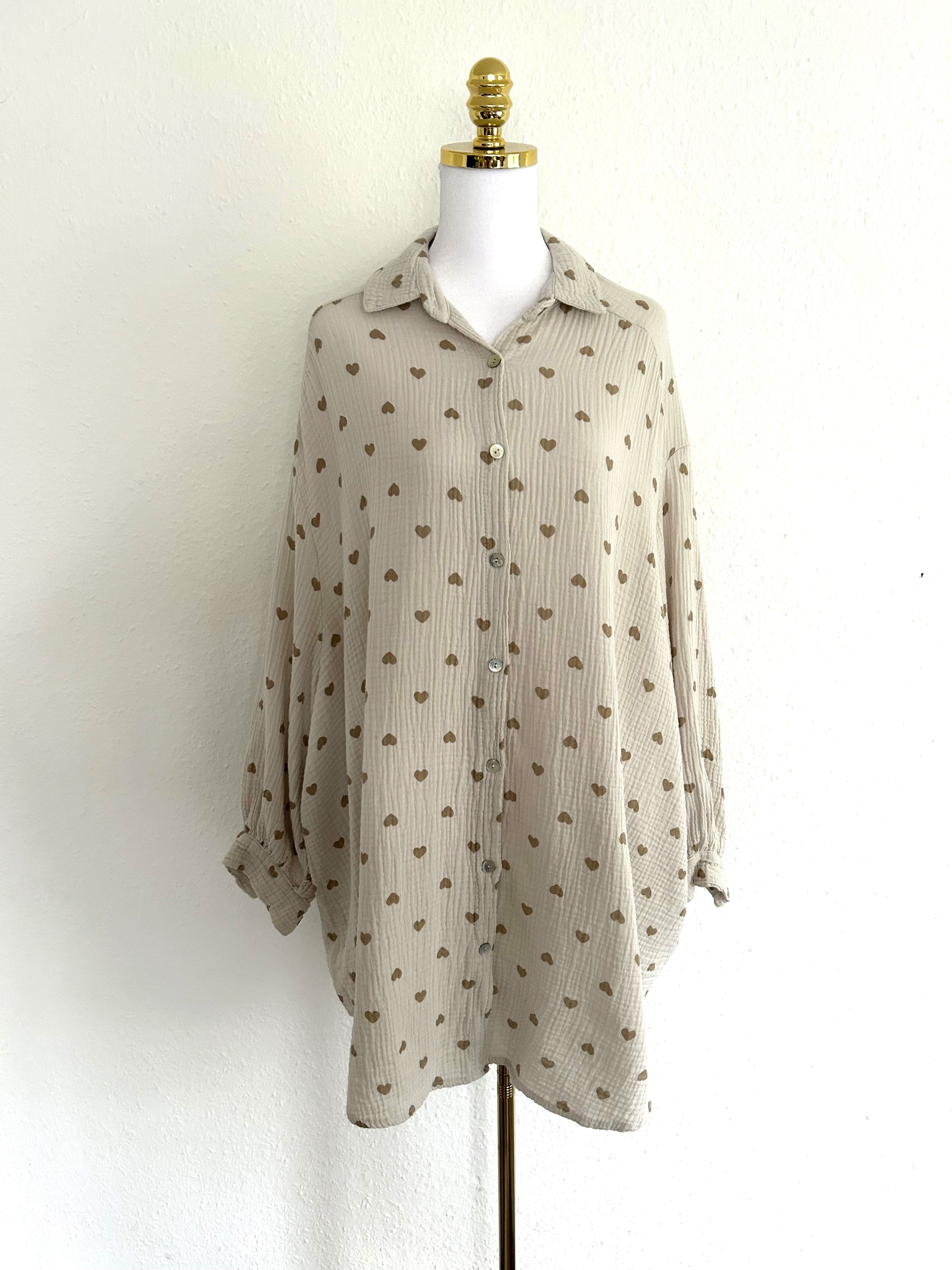 Musselin Bluse Herzchen Long Beige/Beige