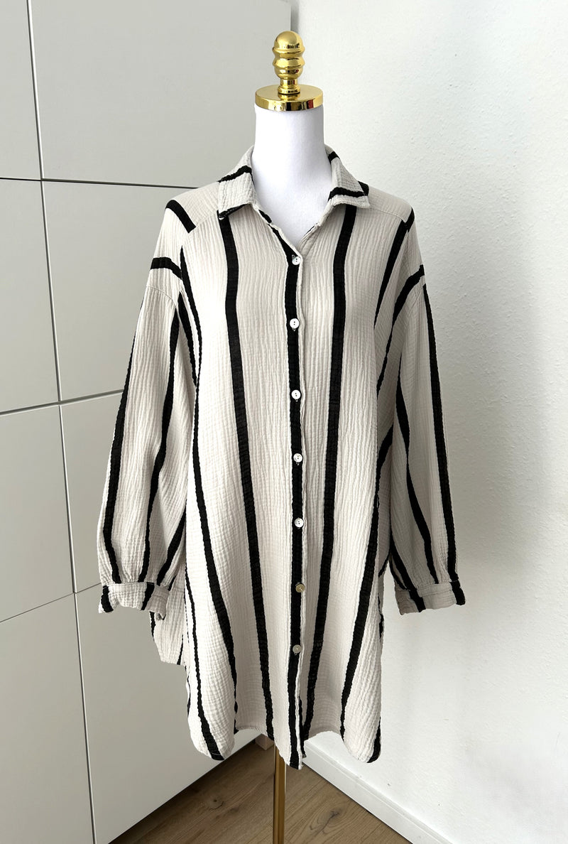 Musselin Bluse Streifen Long Beige/Schwarz