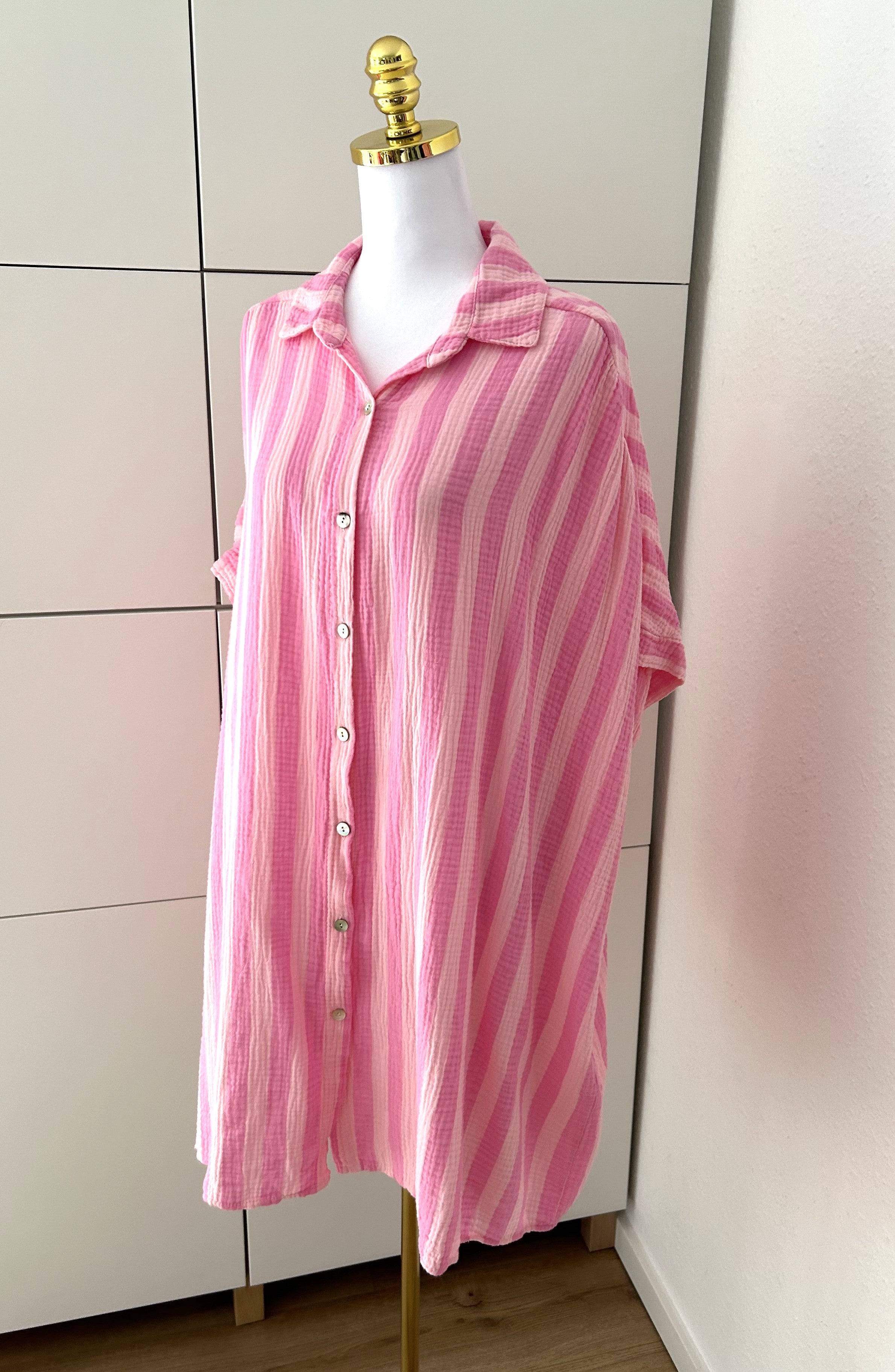 Musselin Bluse Streifen Kurzarm Rosa/Pink