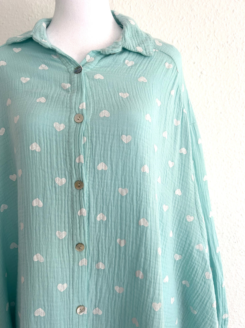 Musselin Bluse Herzchen Long Mint/Weiß