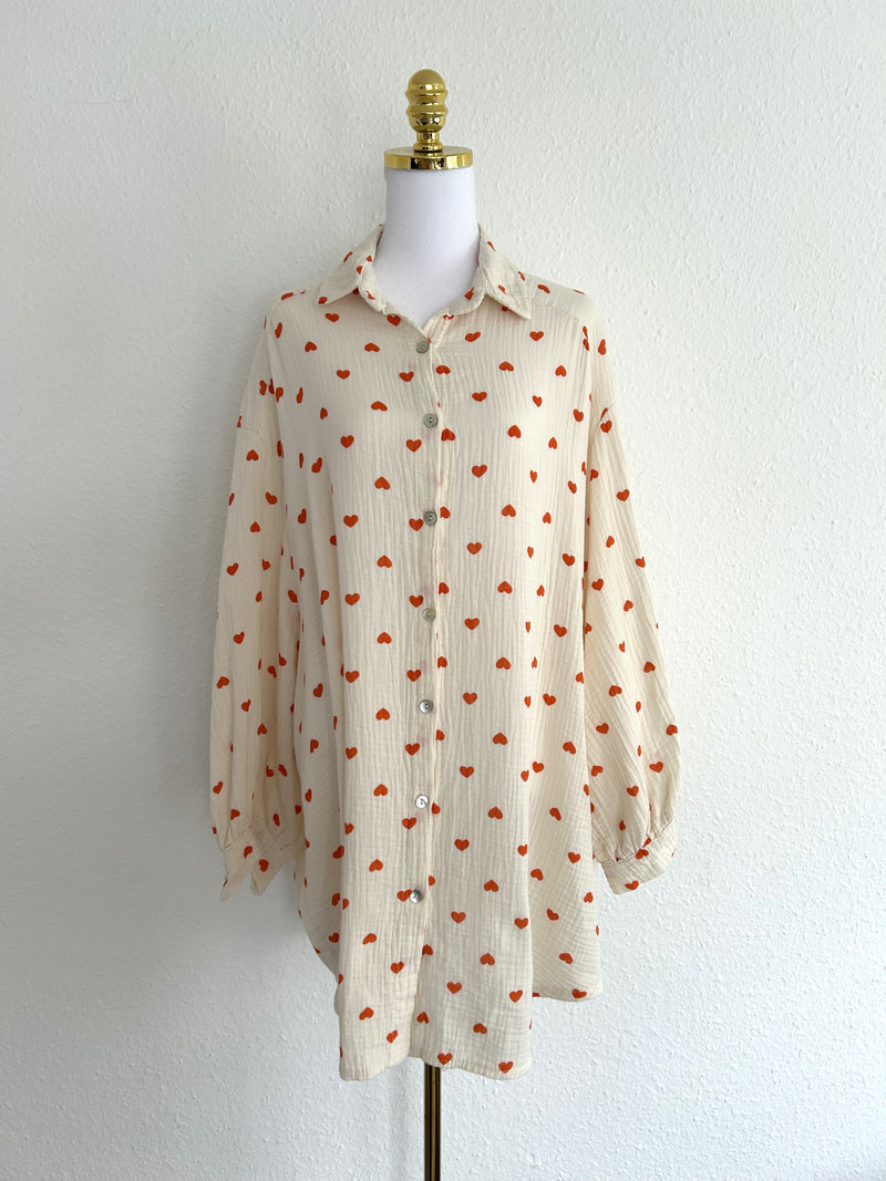 Musselin Bluse Herzchen Long Beige/Coral