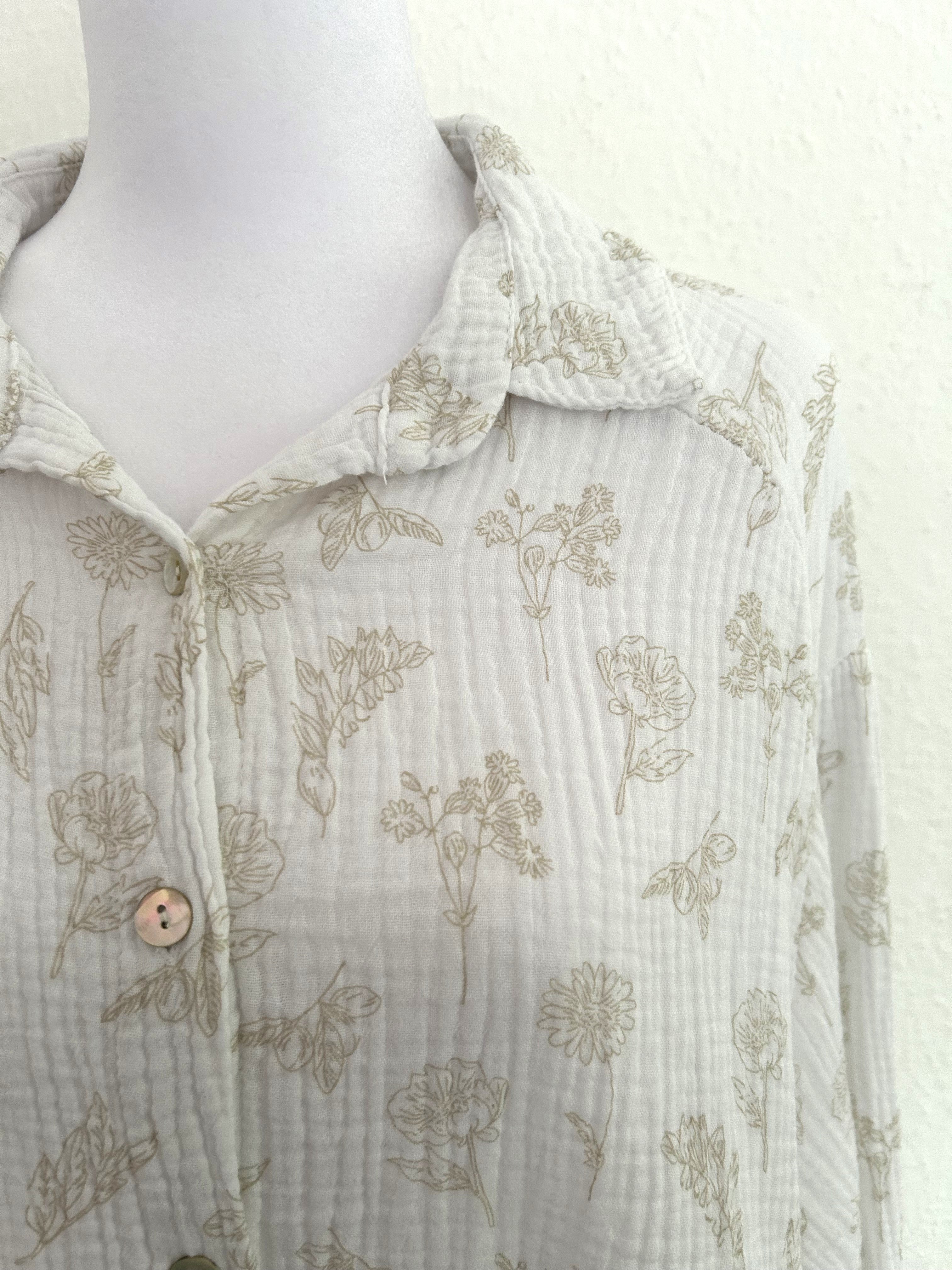 Musselin Bluse Flower Midi Weiß/Beige