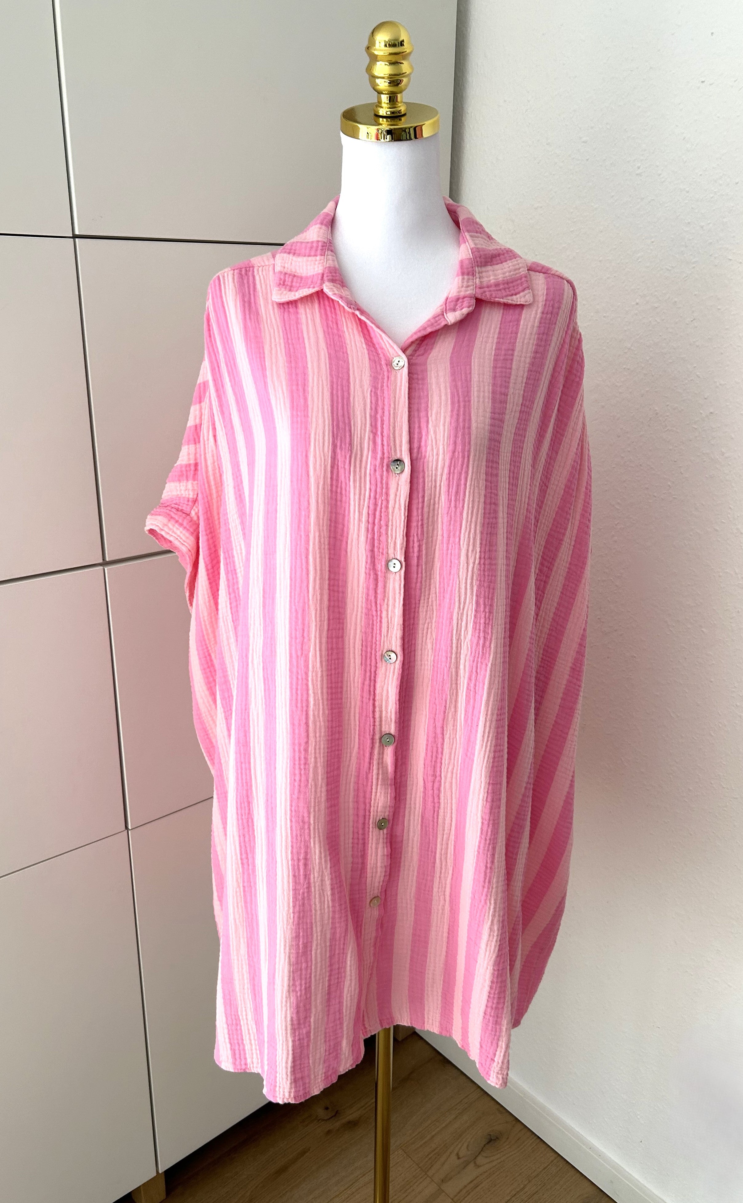 Musselin Bluse Streifen Kurzarm Rosa/Pink