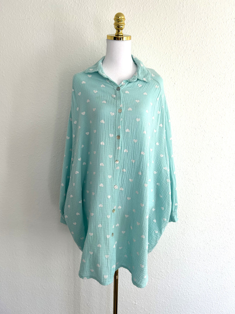 Musselin Bluse Herzchen Long Mint/Weiß
