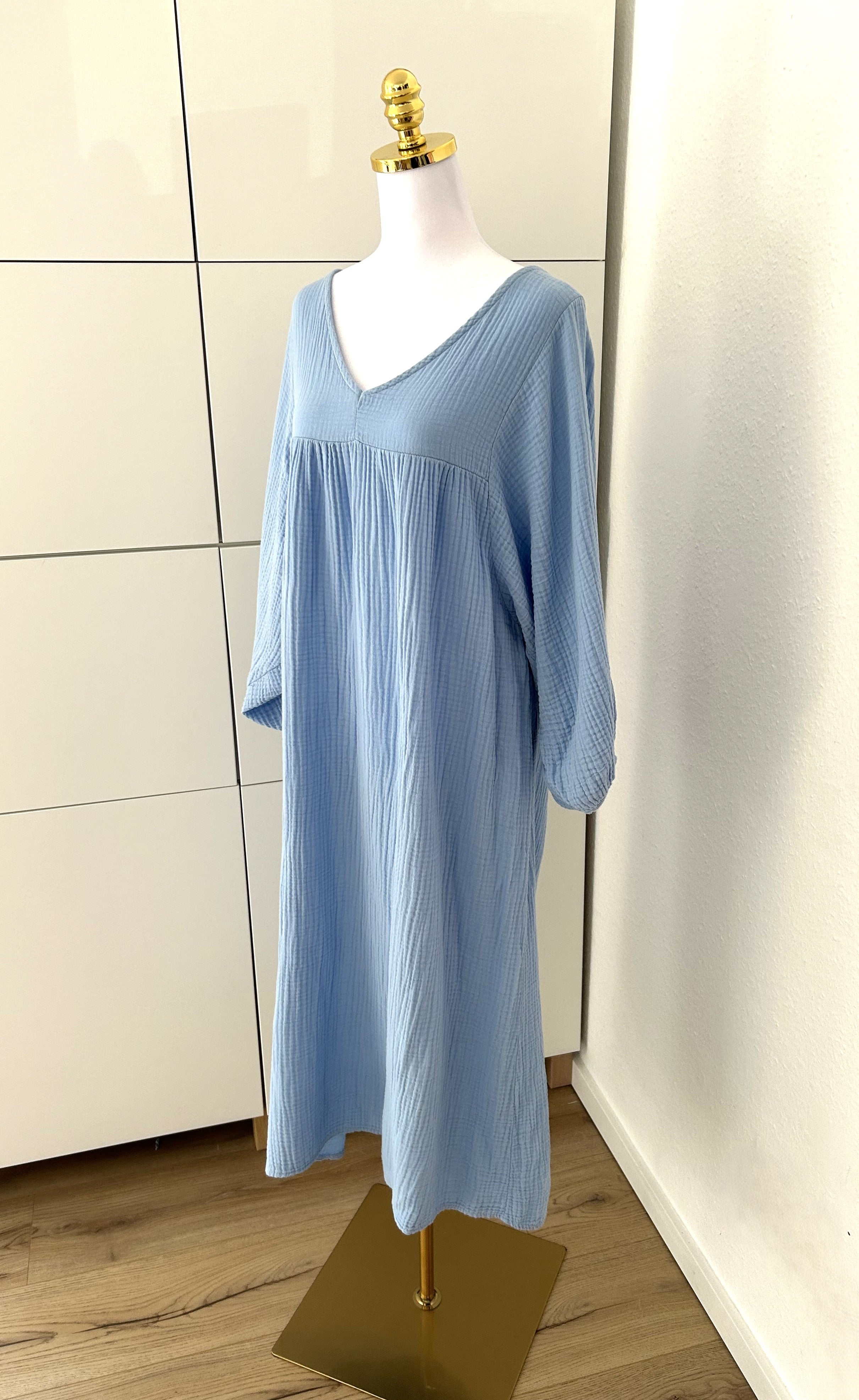 Musselin Maxikleid Kurzarm Blau