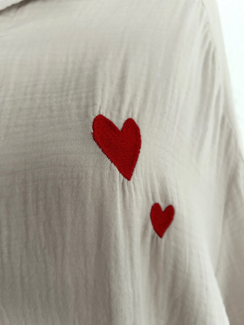 Musselin Bluse Herzchen Long Beige/Rot