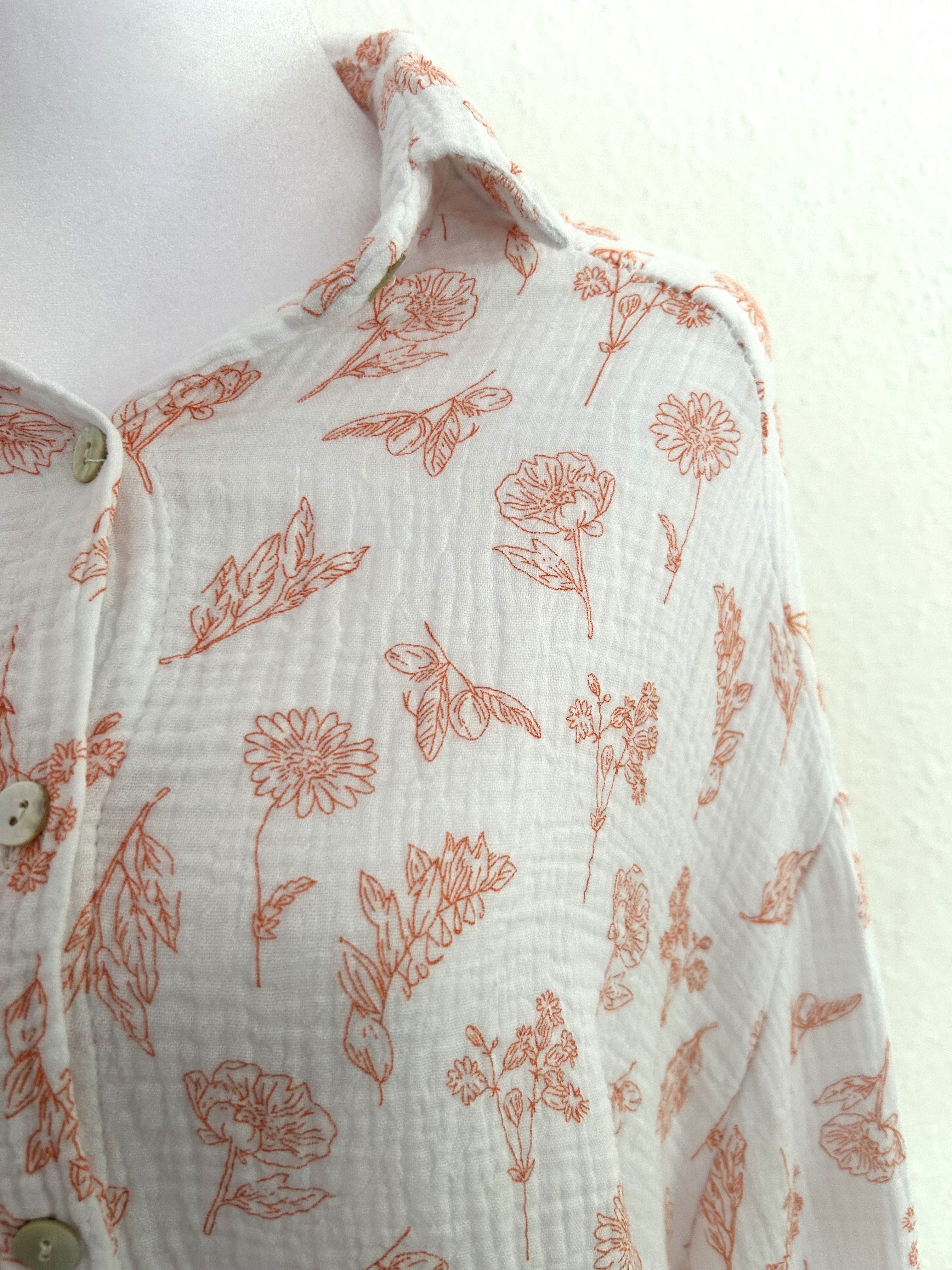 Musselin Bluse Flower Midi Weiß/Orange