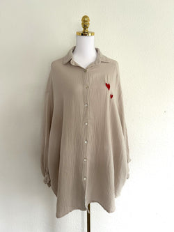 Musselin Bluse Herzchen Long Beige/Rot