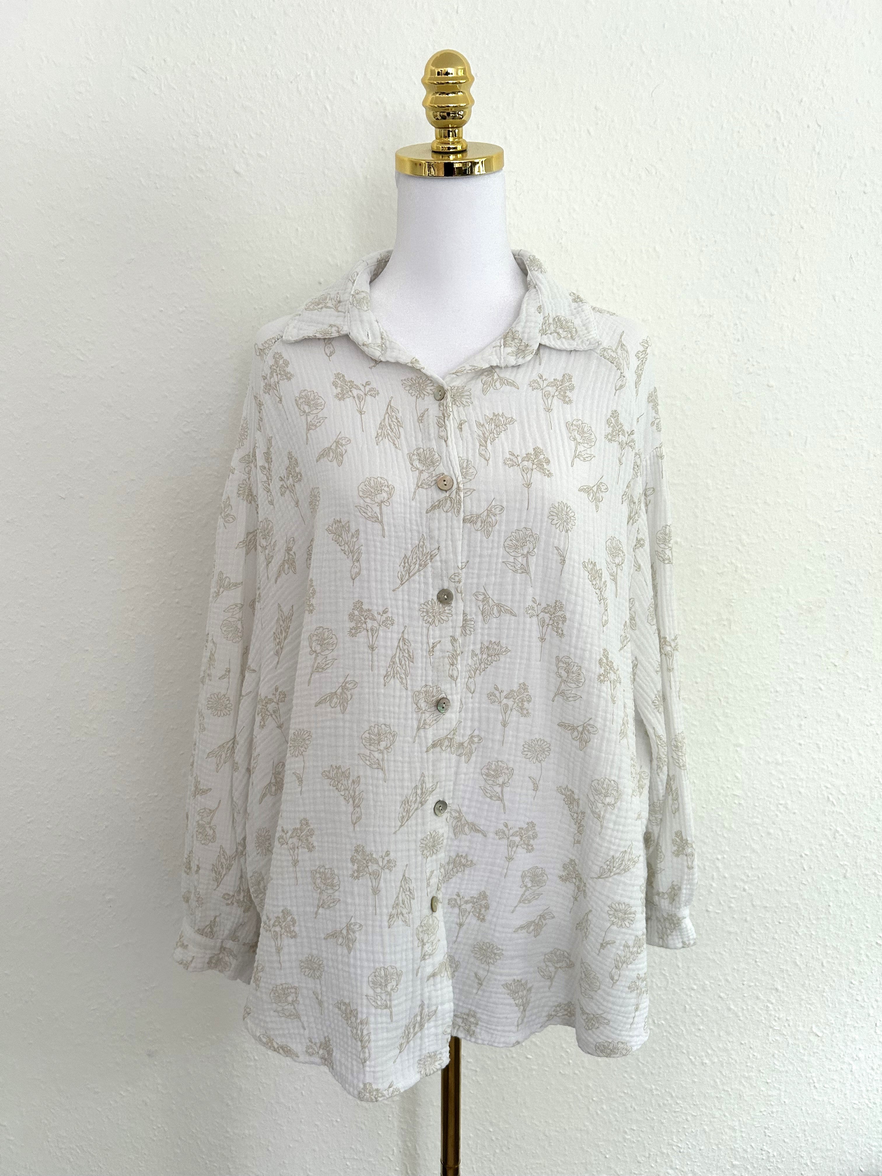 Musselin Bluse Flower Midi Weiß/Beige