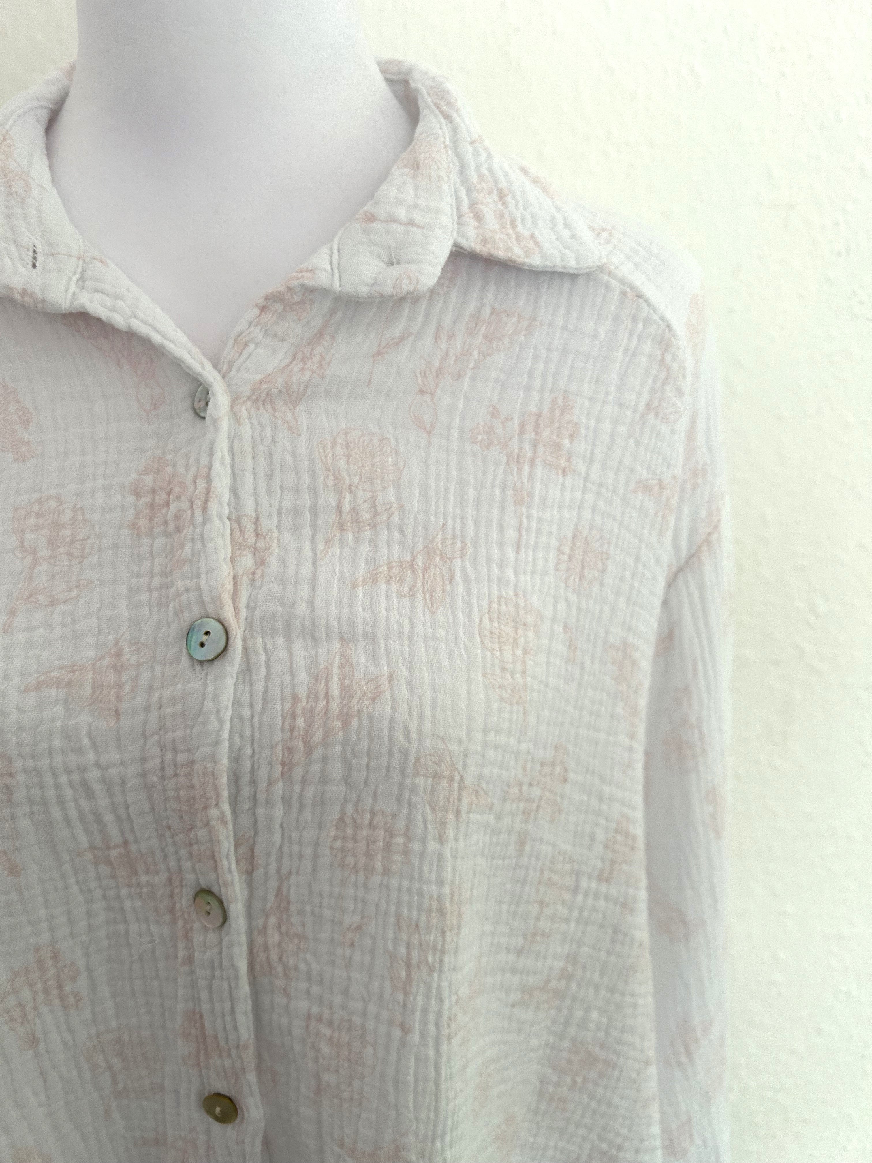 Musselin Bluse Flower Midi Weiß/Pastellorange