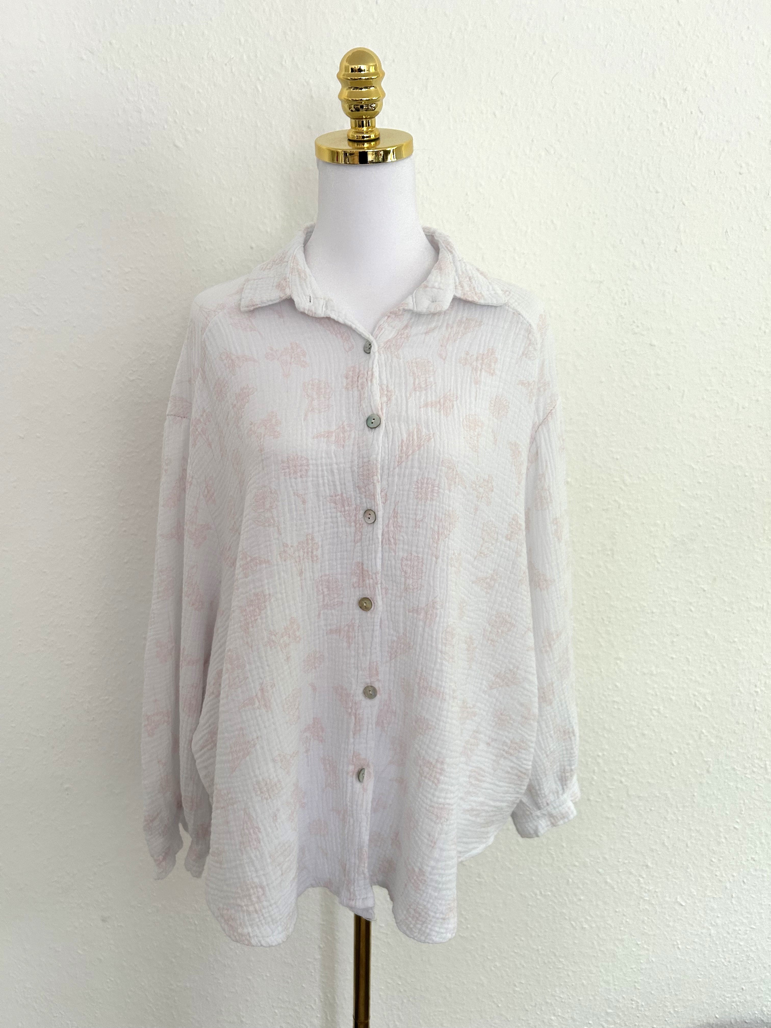 Musselin Bluse Flower Midi Weiß/Pastellorange