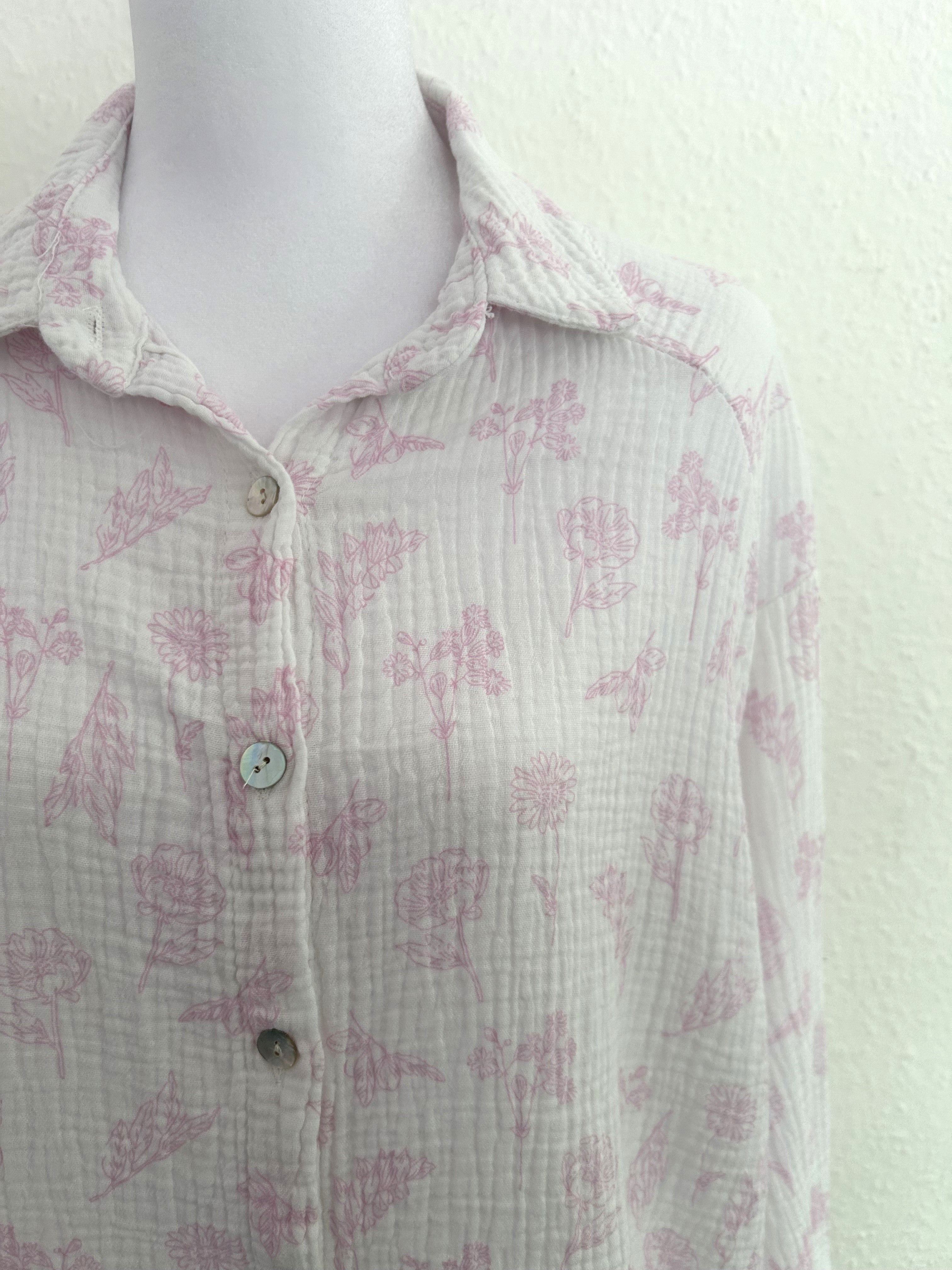 Musselin Bluse Flower Midi Weiß/Rosa