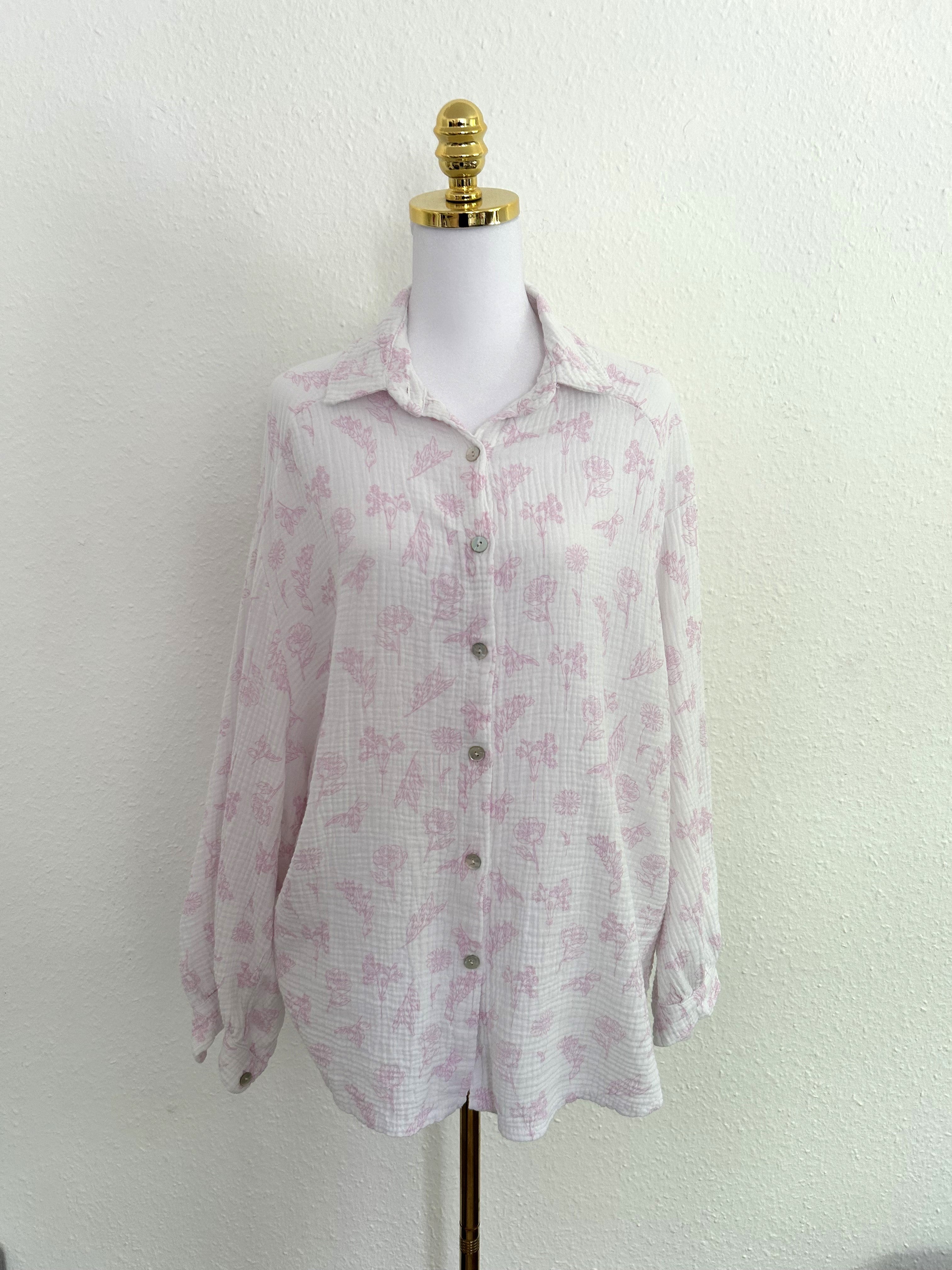 Musselin Bluse Flower Midi Weiß/Rosa