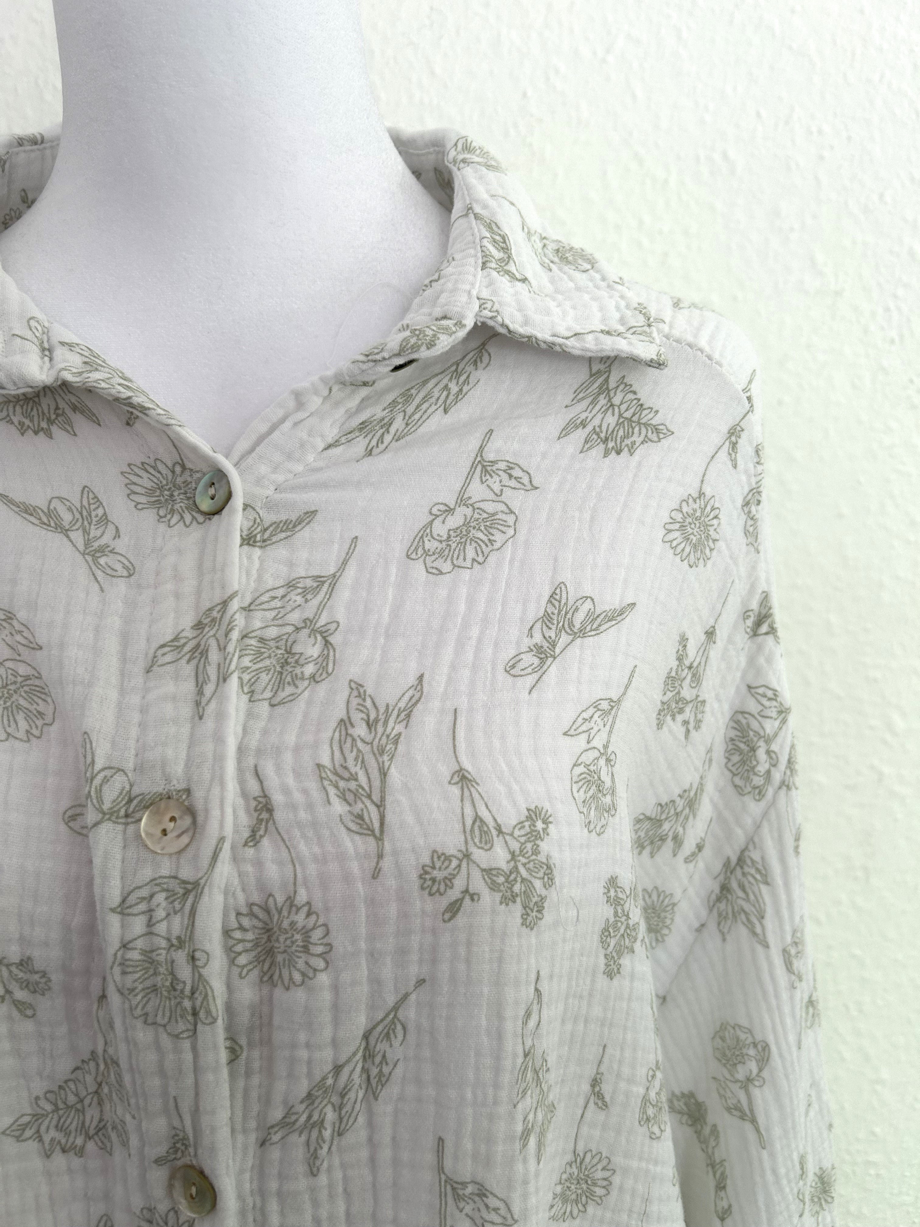 Musselin Bluse Flower Midi Weiß/Grün