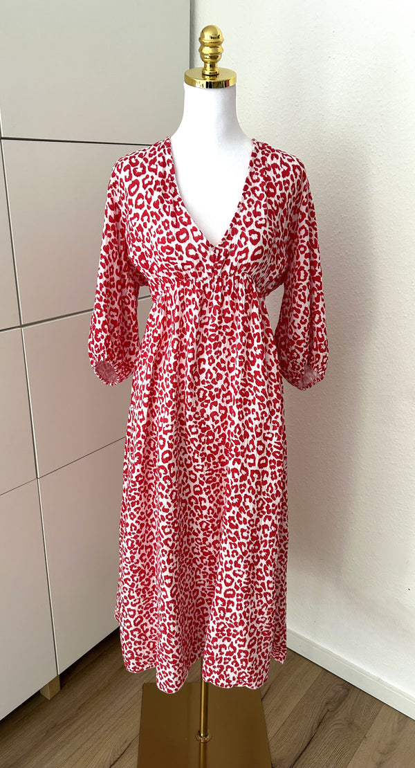 Musselin Leo Maxikleid Rot/Weiß