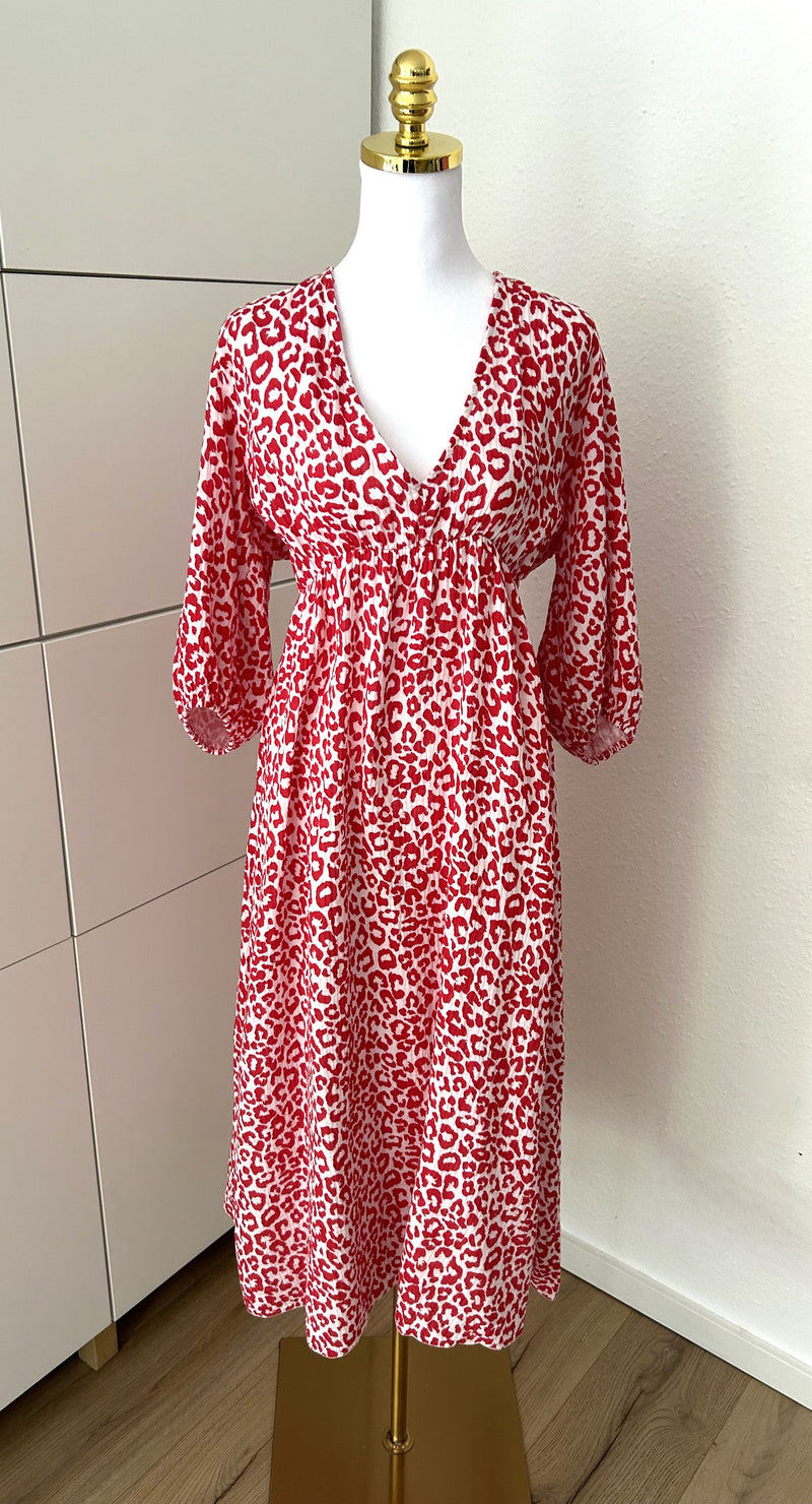 Musselin Leo Maxikleid Rot/Weiß