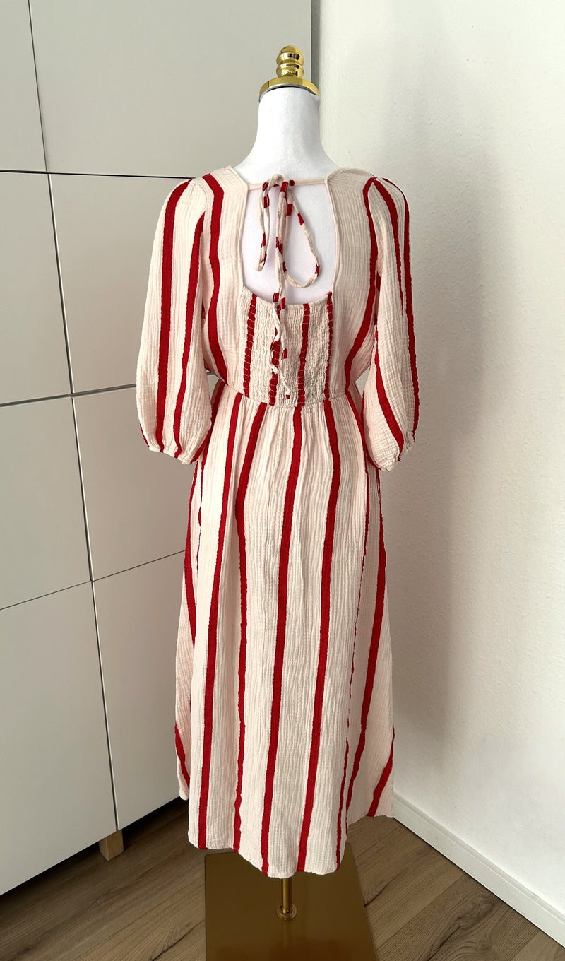 Musselin Kleid Streifen Beige/Rot