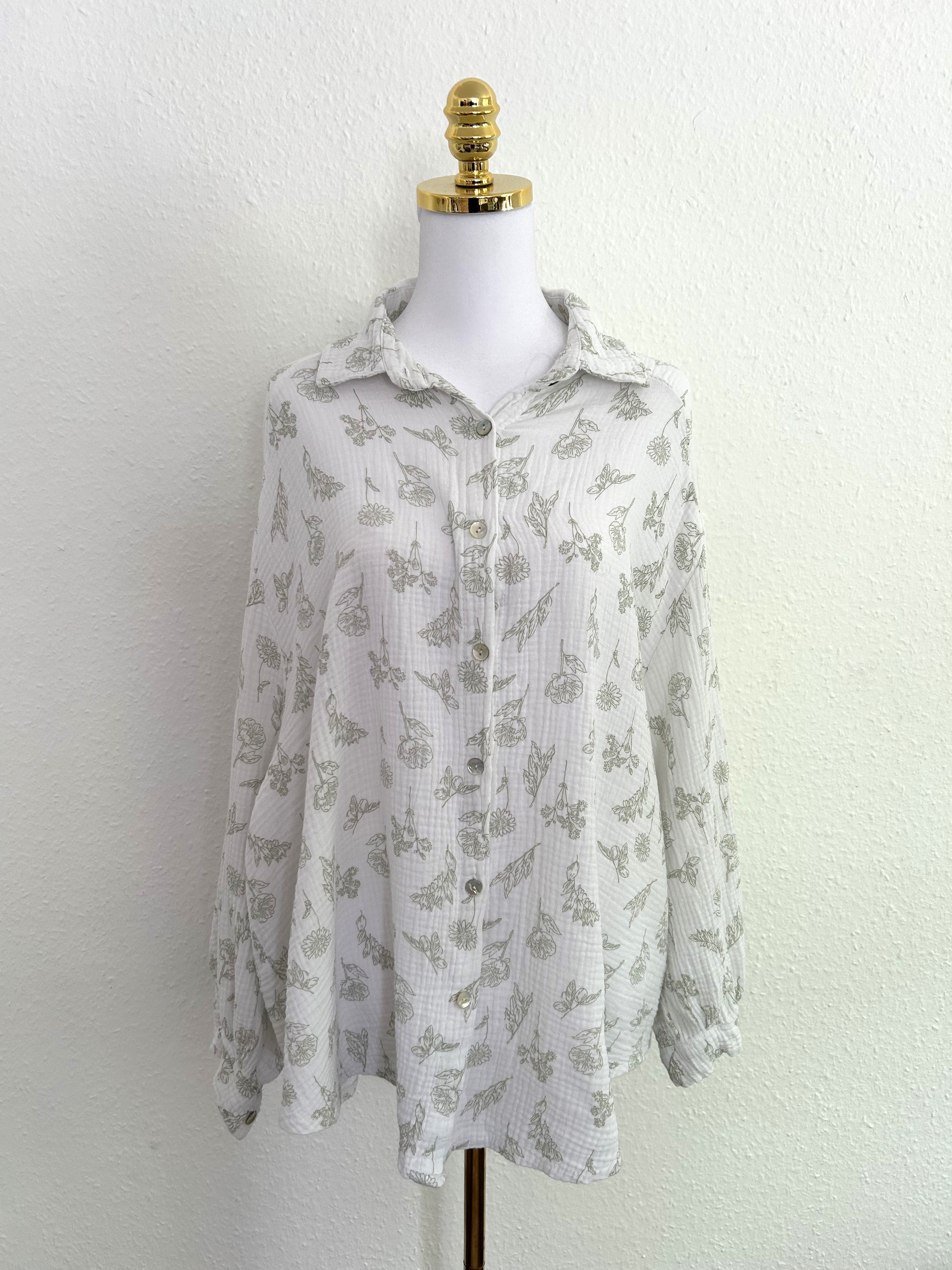 Musselin Bluse Flower Midi Weiß/Grün