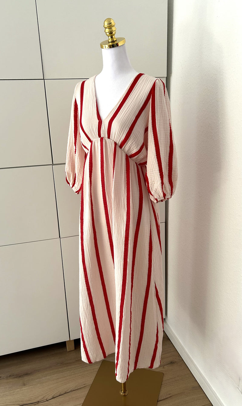Musselin Kleid Streifen Beige/Rot
