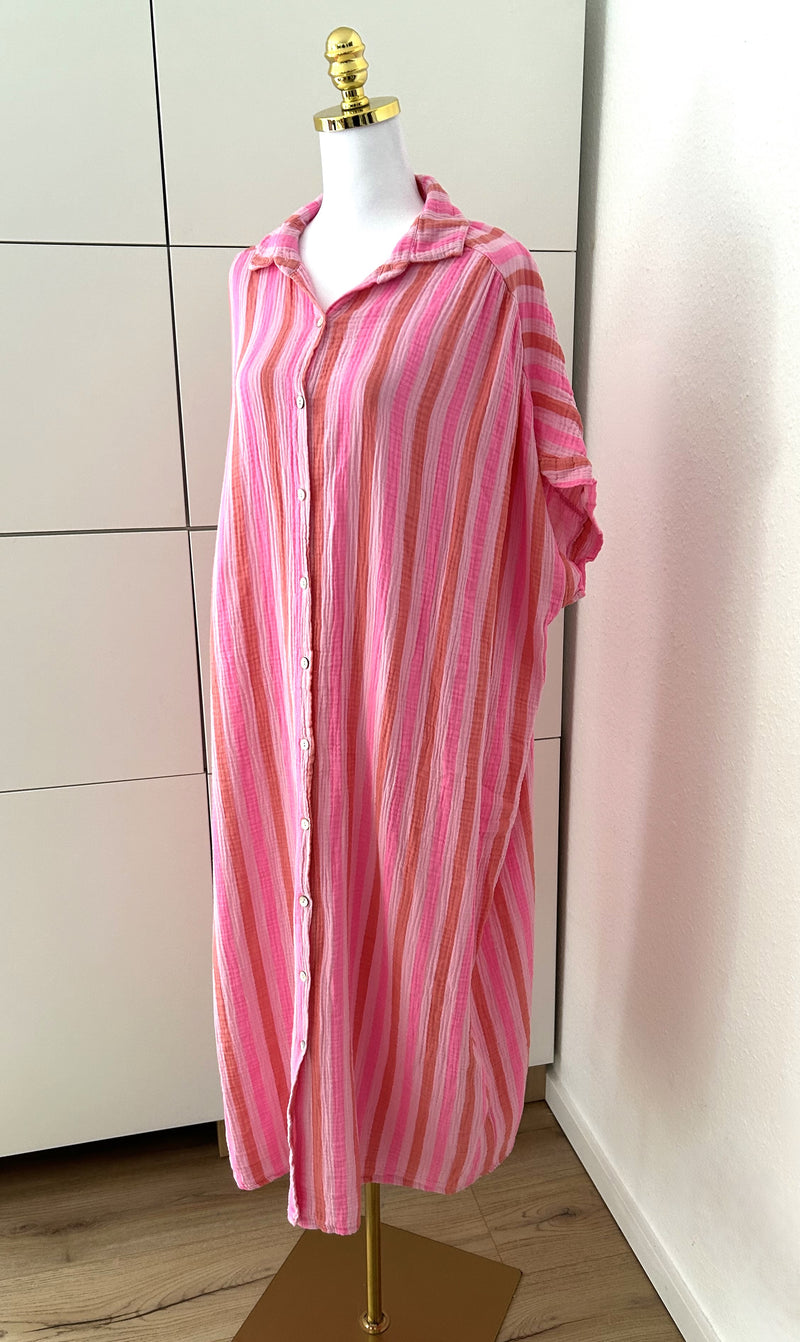 Musselin Maxikleid Kurzarm Streifen Rosa