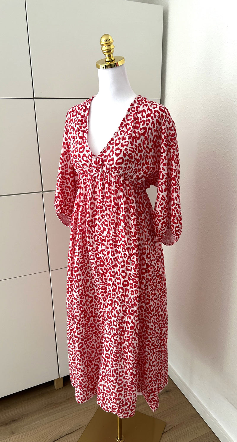 Musselin Leo Maxikleid Rot/Weiß