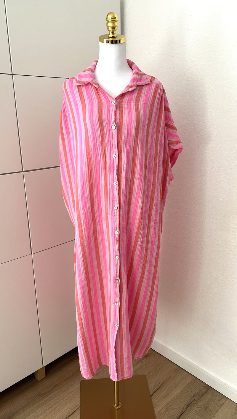 Musselin Maxikleid Kurzarm Streifen Rosa