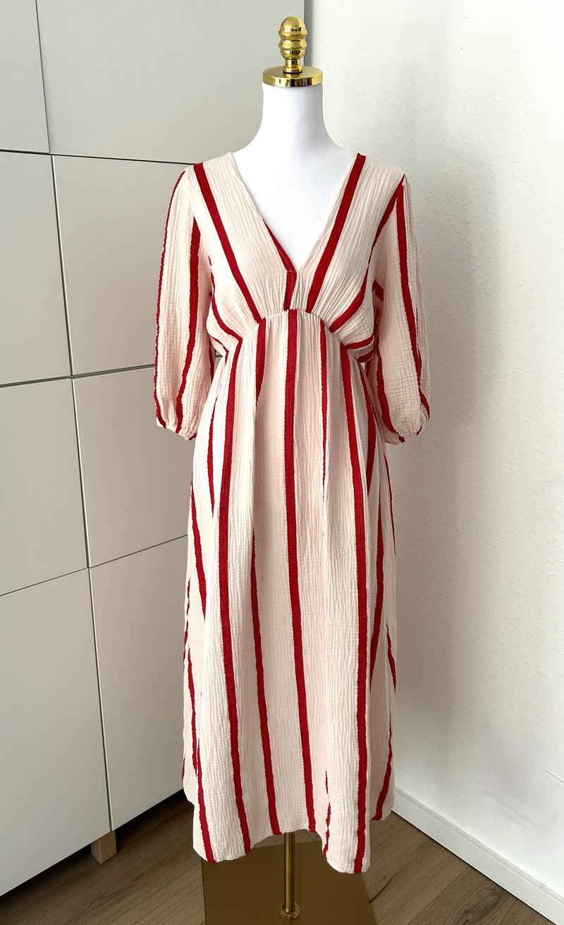 Musselin Kleid Streifen Beige/Rot