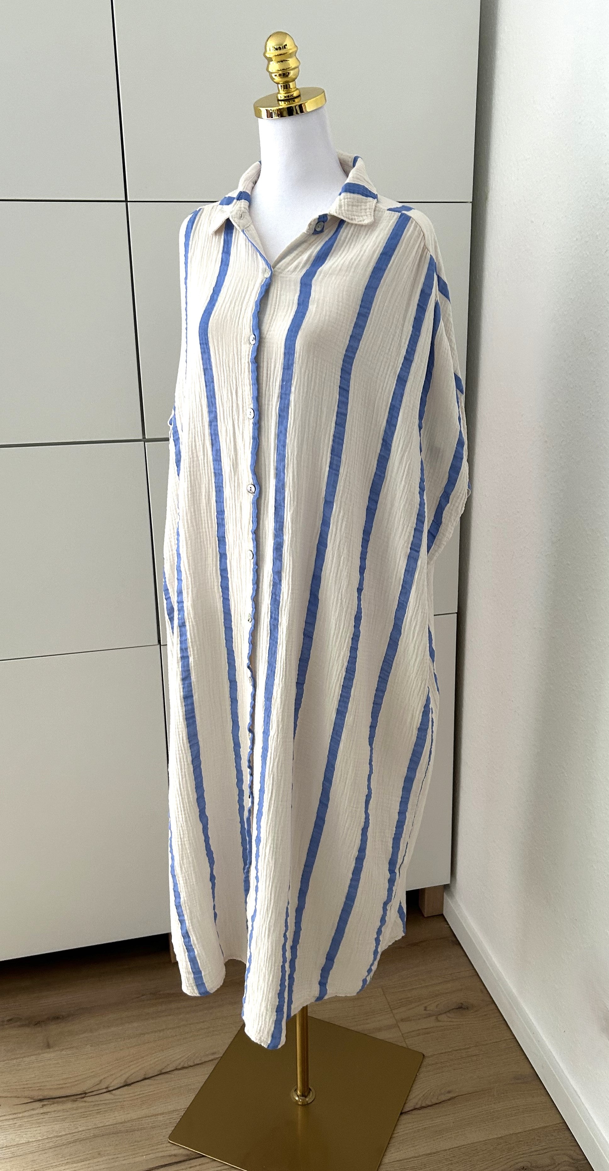 Musselin Maxikleid Kurzarm Streifen Blau/Creme
