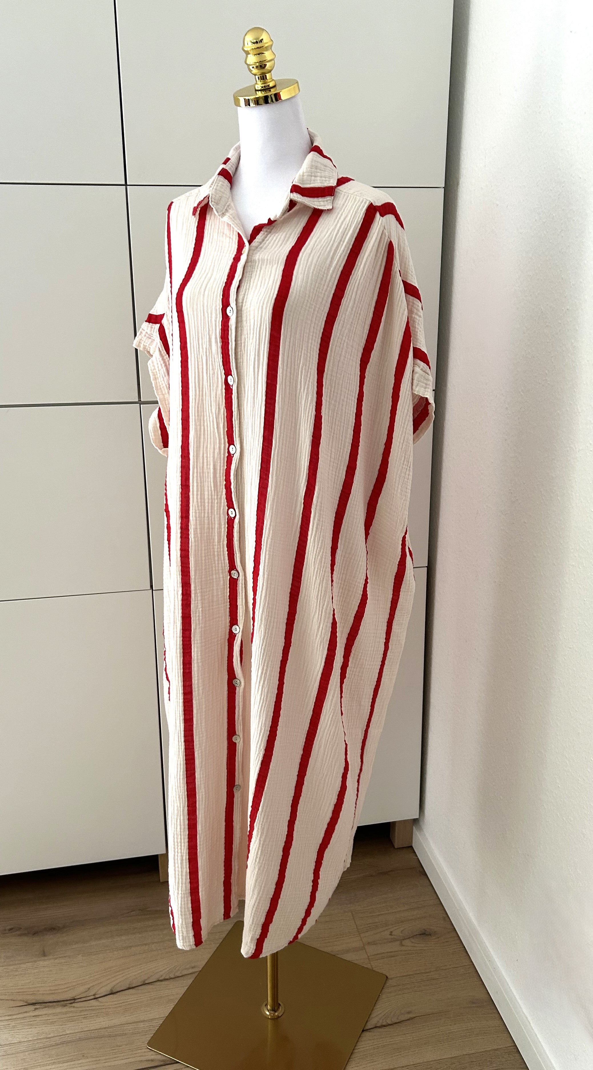 Musselin Maxikleid Kurzarm Streifen Rot/Creme