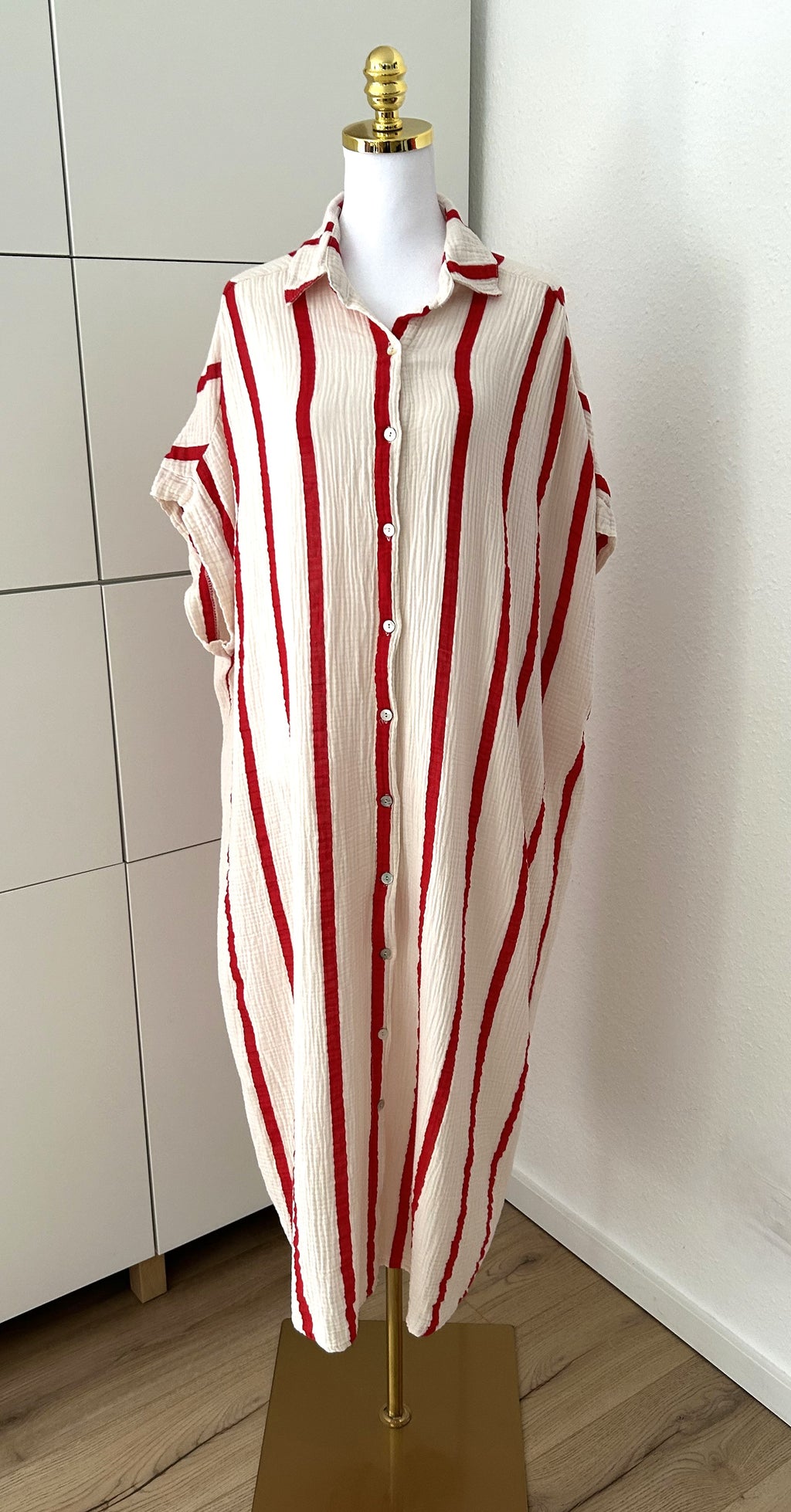 Musselin Maxikleid Kurzarm Streifen Rot/Creme