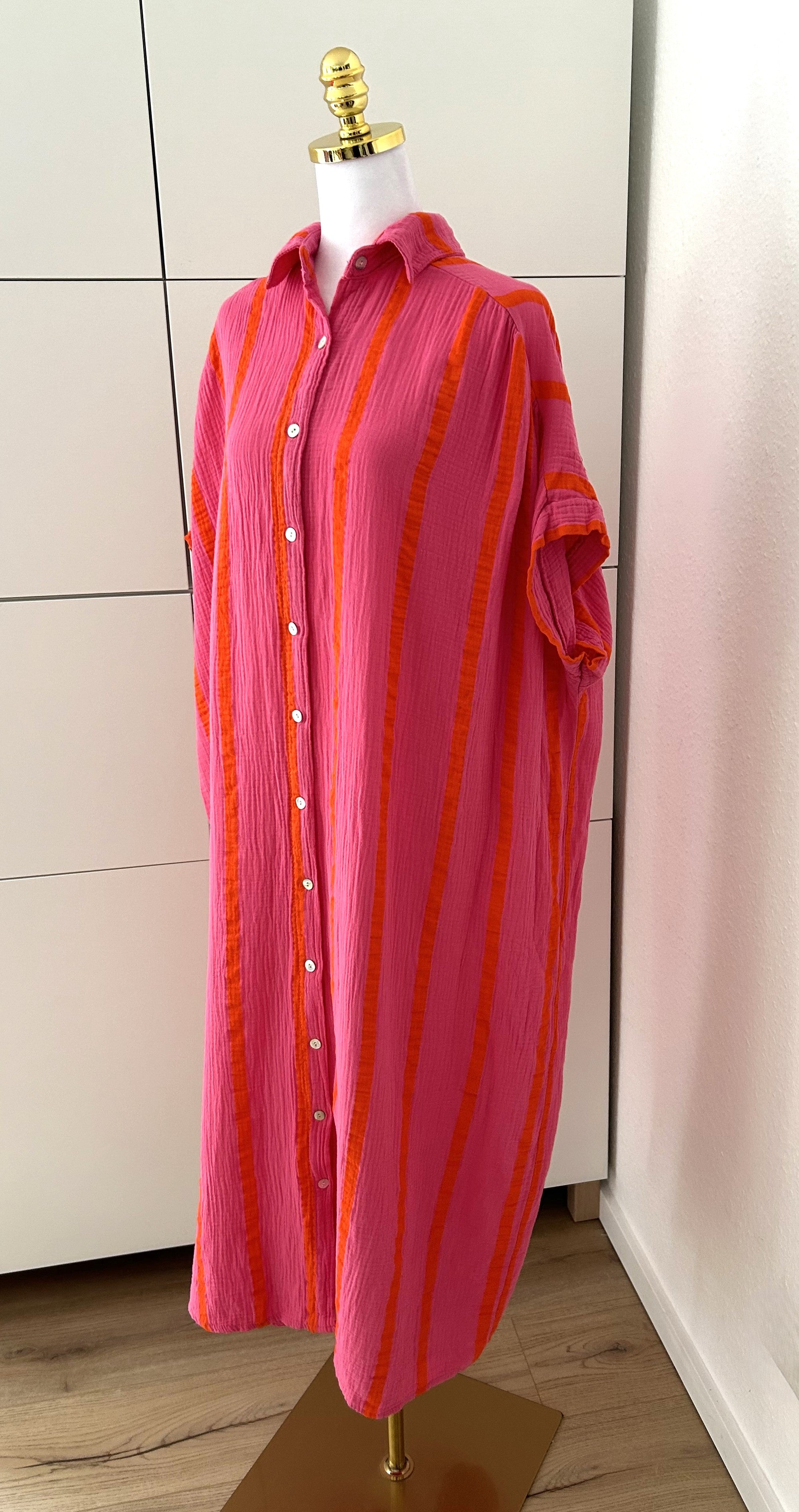 Musselin Maxikleid Kurzarm Streifen Pink/Orange