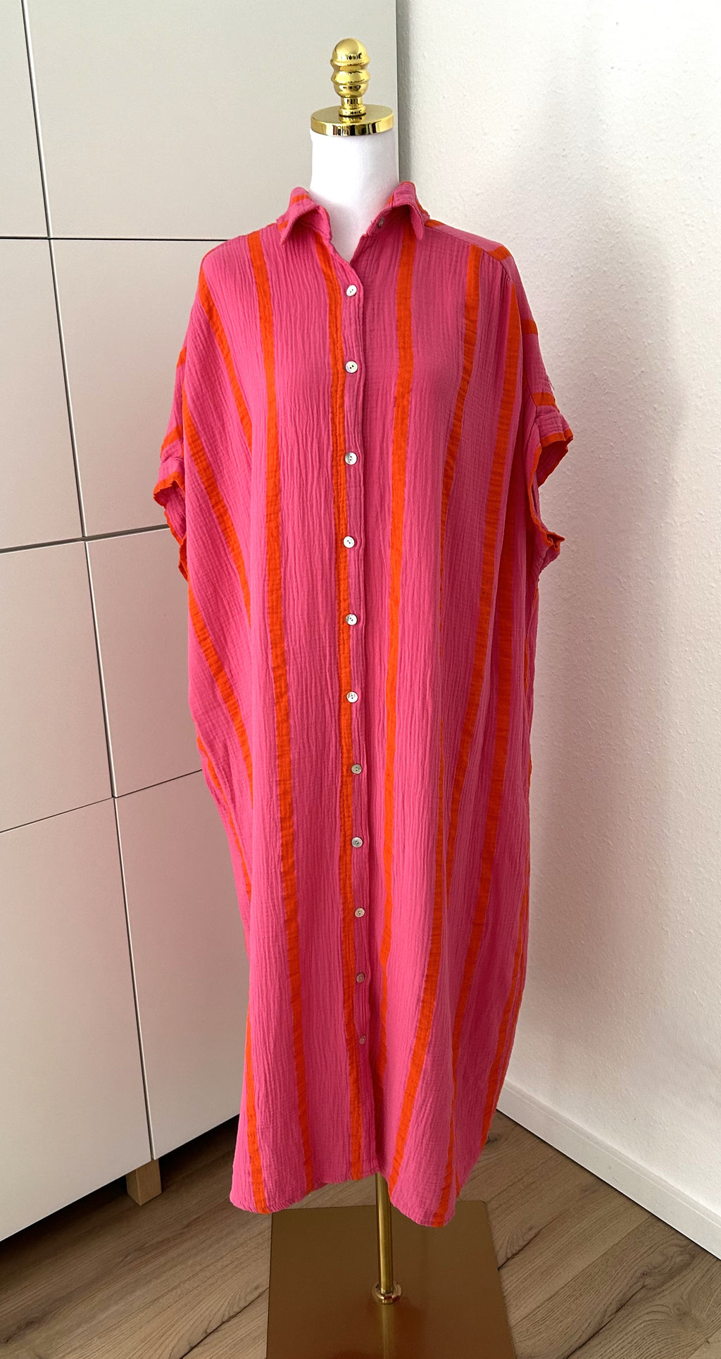 Musselin Maxikleid Kurzarm Streifen Pink/Orange