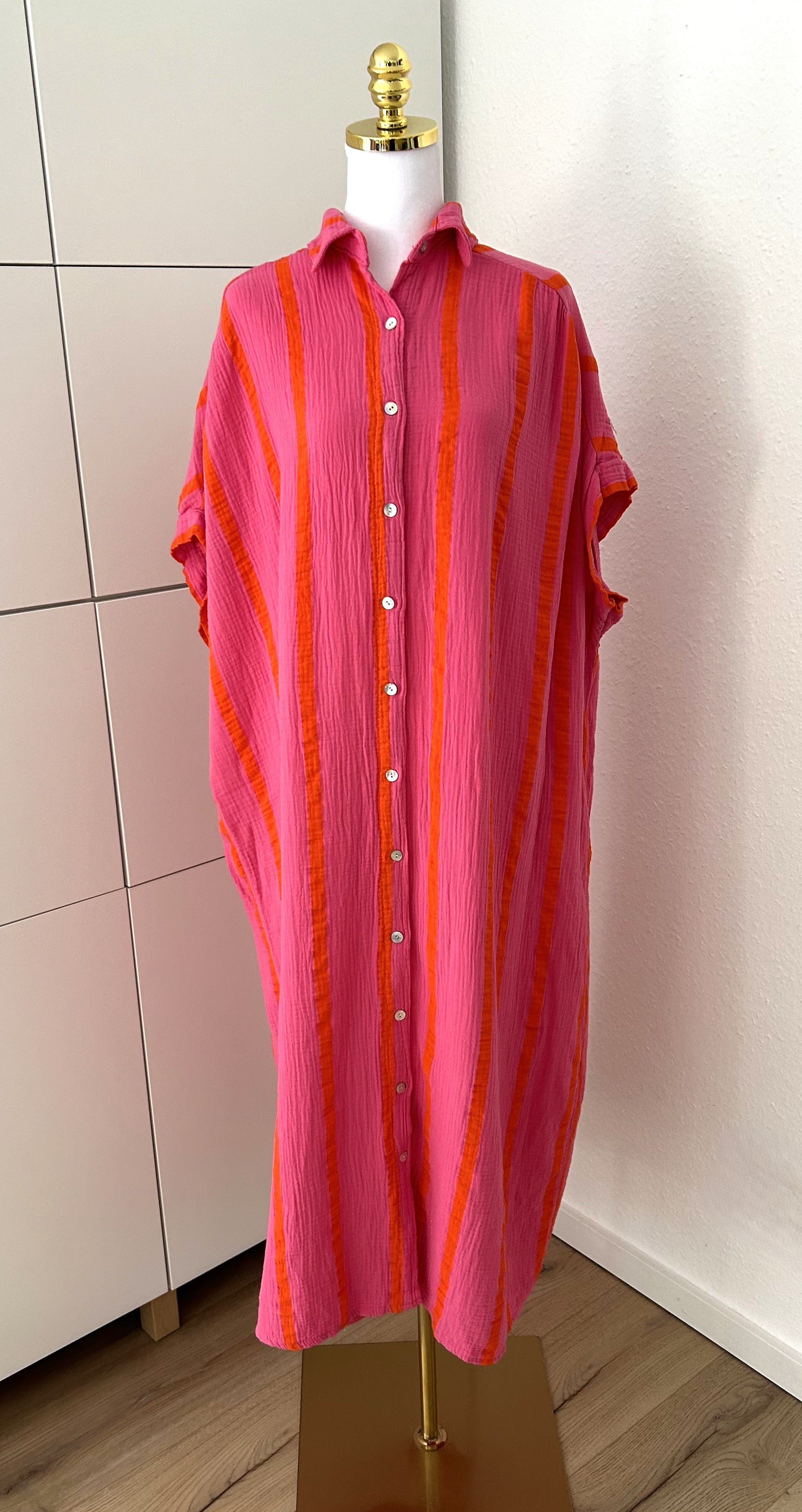 Musselin Maxikleid Kurzarm Streifen Pink/Orange